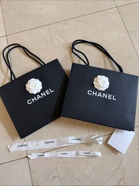 CHANEL 2x Black Tote Shopping Bag with White Camellia Detail flower & 2 ribbons